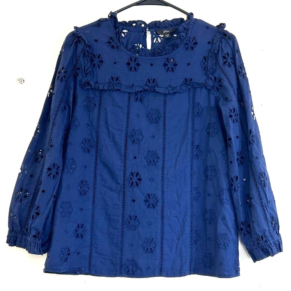 J. Crew Lace Top Size 2XS Navy Blue Floral Embroidered Long Sleeve Top Blouse